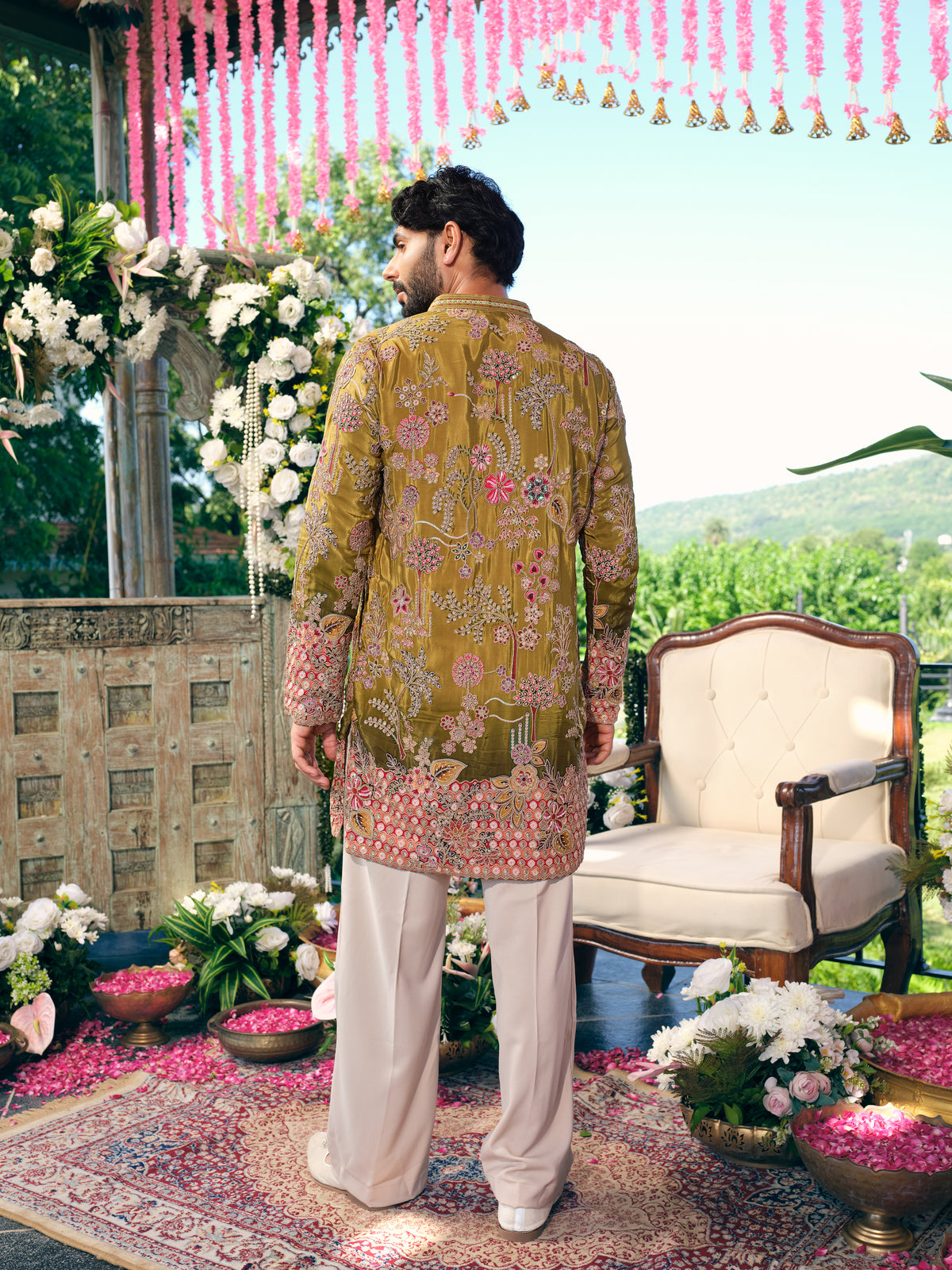 Olive Green Short Kurta Set with Position Print