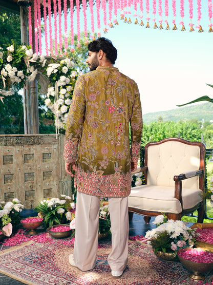 Olive Green Short Kurta Set with Position Print
