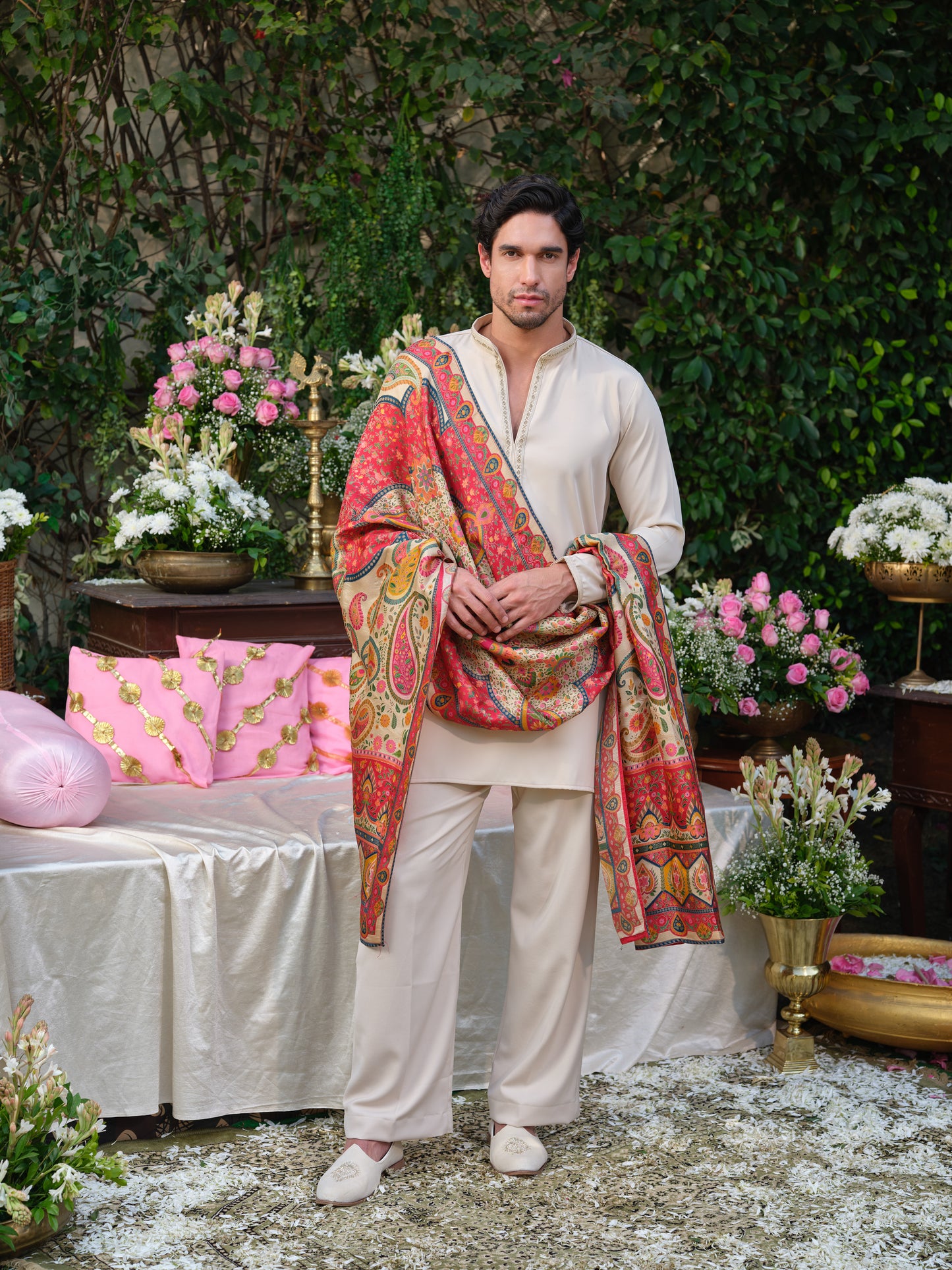 Beige Armani Festive Kurta Set with Hand Work & Jacquard Dupatta