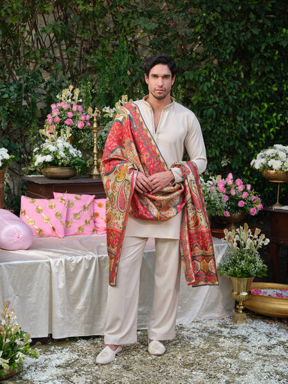 Beige Armani Festive Kurta Set with Hand Work & Jacquard Dupatta