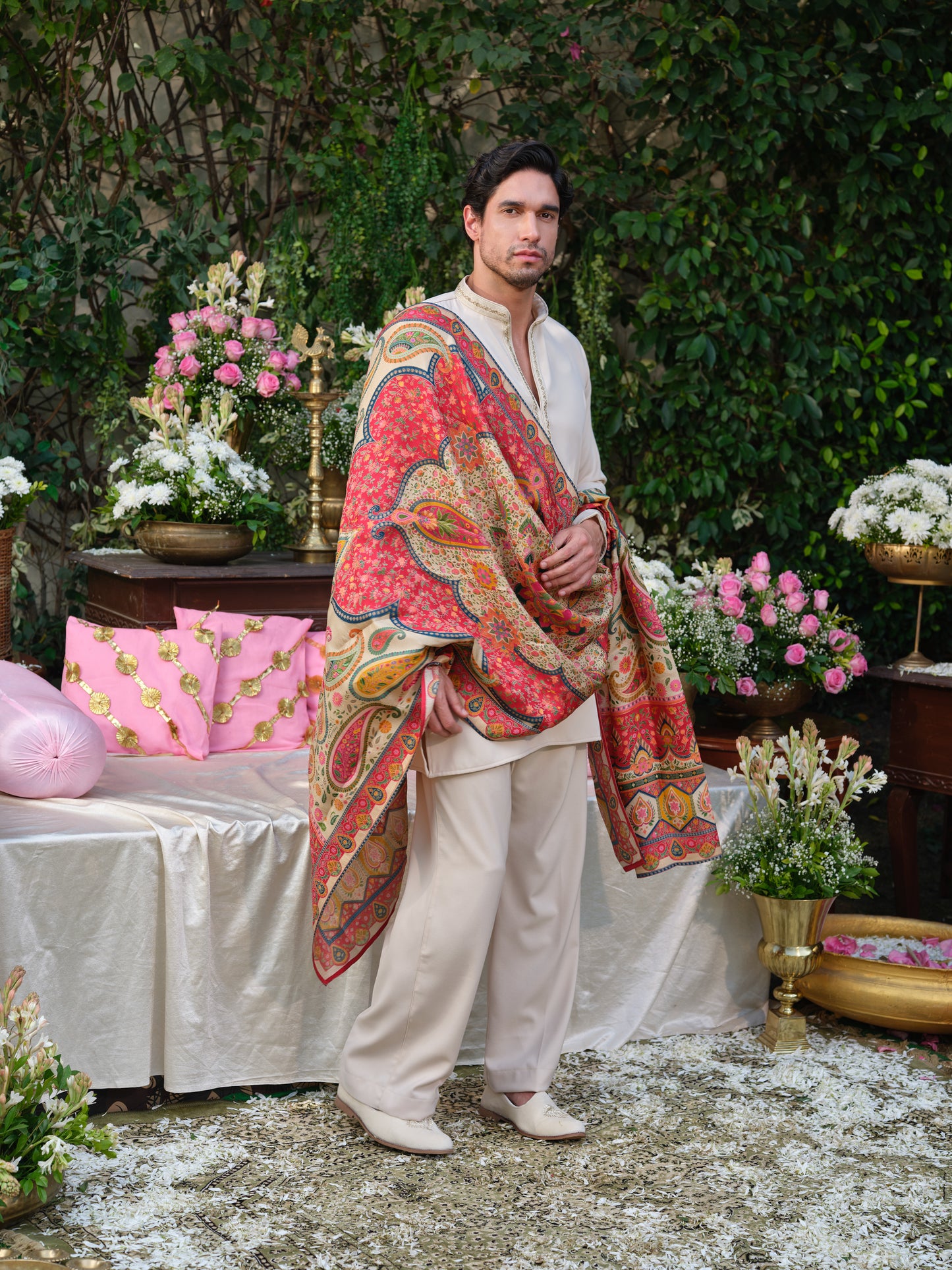 Beige Armani Festive Kurta Set with Hand Work & Jacquard Dupatta