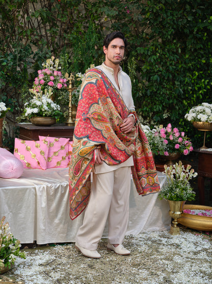 Beige Armani Festive Kurta Set with Hand Work & Jacquard Dupatta