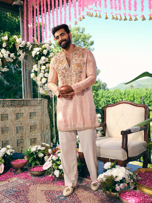 Peach Blush Tissue Silk Short Kurta Set with Embroidery and Bead Work