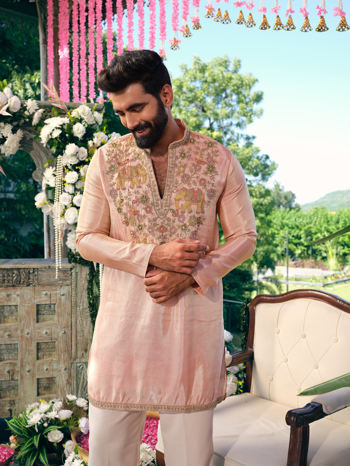 Peach Blush Tissue Silk Short Kurta Set with Embroidery and Bead Work