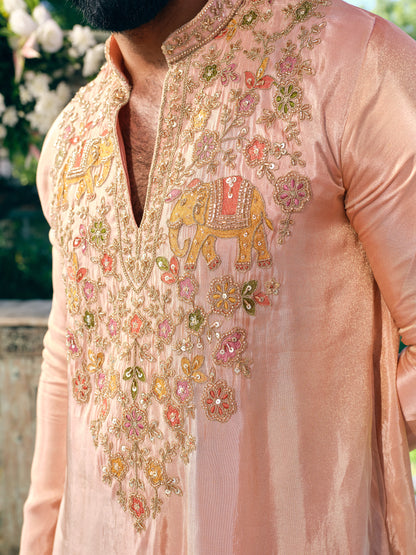 Peach Blush Tissue Silk Short Kurta Set with Embroidery and Bead Work