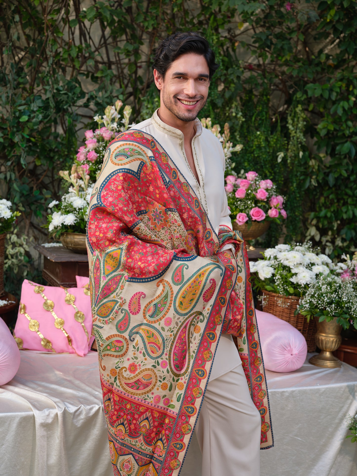 Beige Armani Festive Kurta Set with Hand Work & Jacquard Dupatta