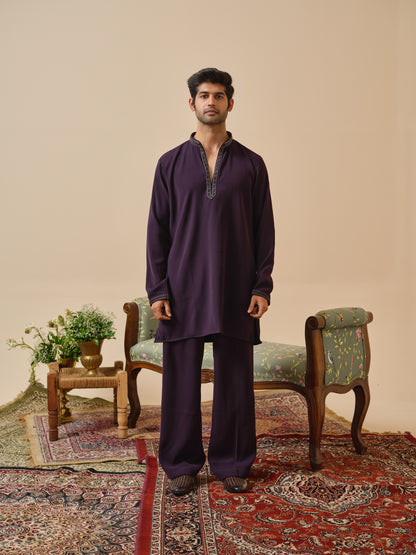 Men’s Wine Armani Kurta–Bottom Set with Hand Work