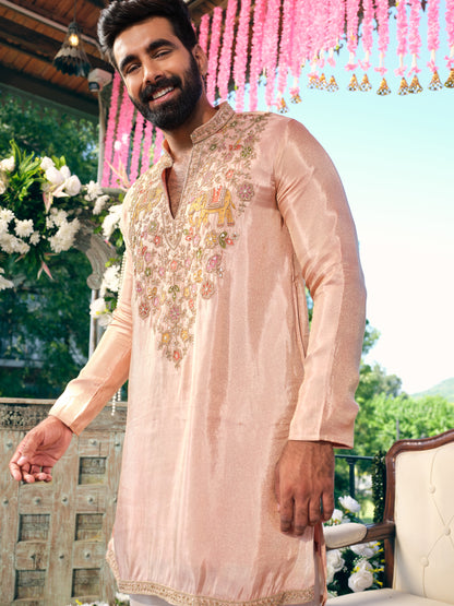 Peach Blush Tissue Silk Short Kurta Set with Embroidery and Bead Work