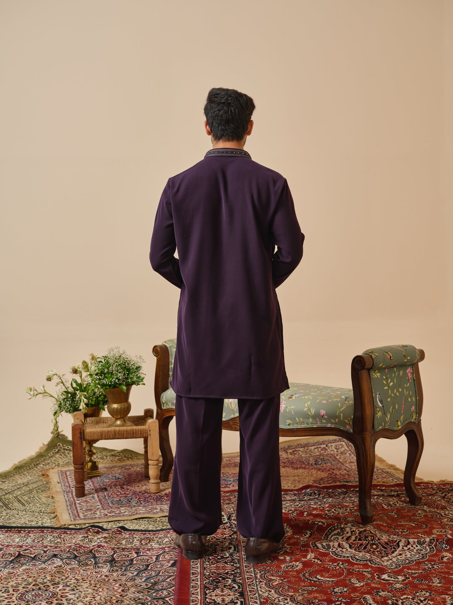 Men’s Wine Armani Kurta–Bottom Set with Hand Work