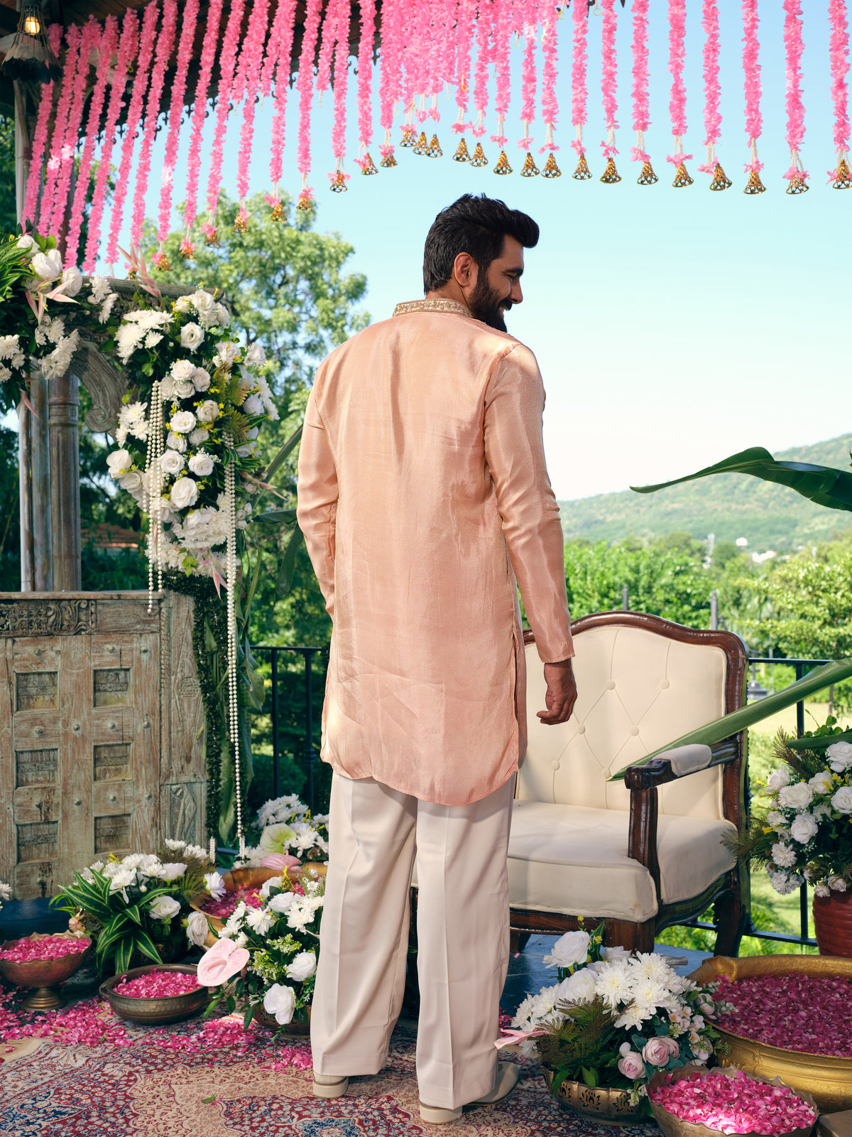 Peach Blush Tissue Silk Short Kurta Set with Embroidery and Bead Work