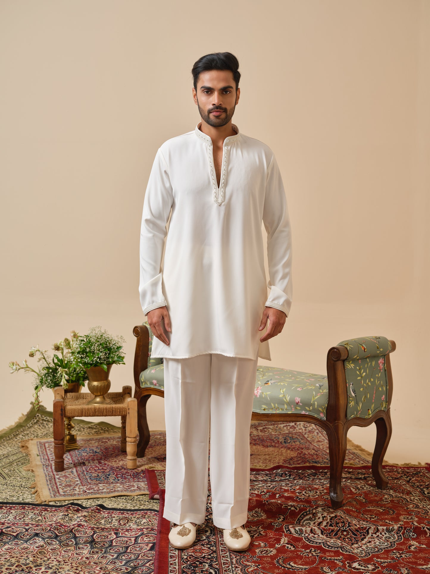 Men’s White Armani Kurta–Bottom Set with Hand Work