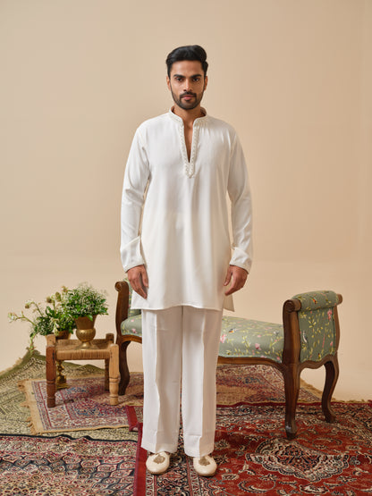 Men’s White Armani Kurta–Bottom Set with Hand Work