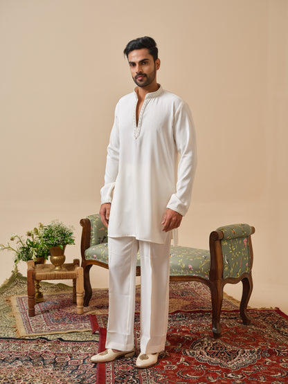 Men’s White Armani Kurta–Bottom Set with Hand Work