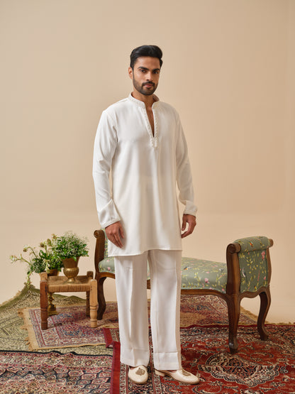 Men’s White Armani Kurta–Bottom Set with Hand Work