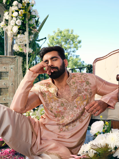 Peach Blush Tissue Silk Short Kurta Set with Embroidery and Bead Work