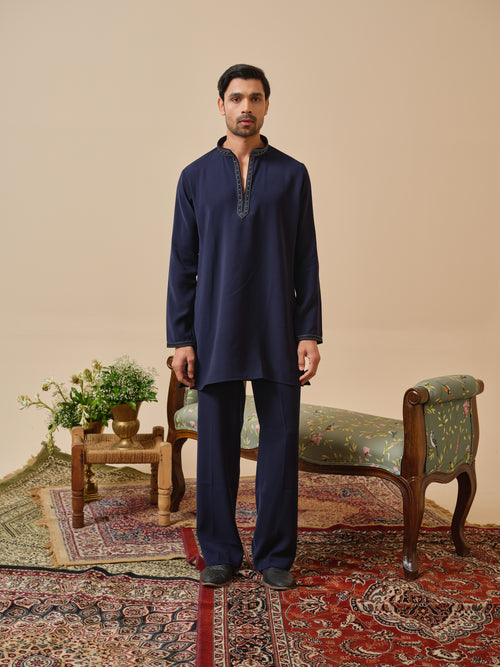 Navy Blue Armani Kurta–Bottom Set with Hand Work