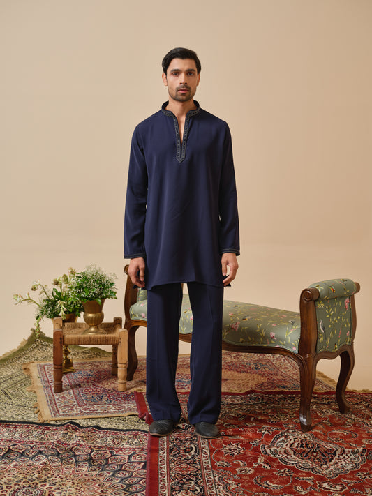 Men’s Navy Blue Armani Kurta–Bottom Set with Hand Work