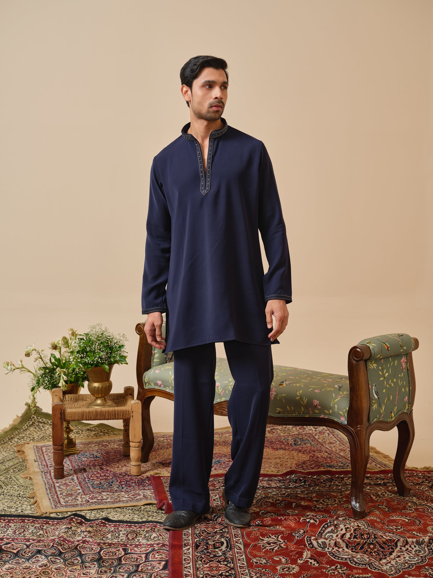 Navy Blue Armani Kurta–Bottom Set with Hand Work