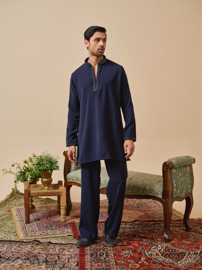 Navy Blue Armani Kurta–Bottom Set with Hand Work