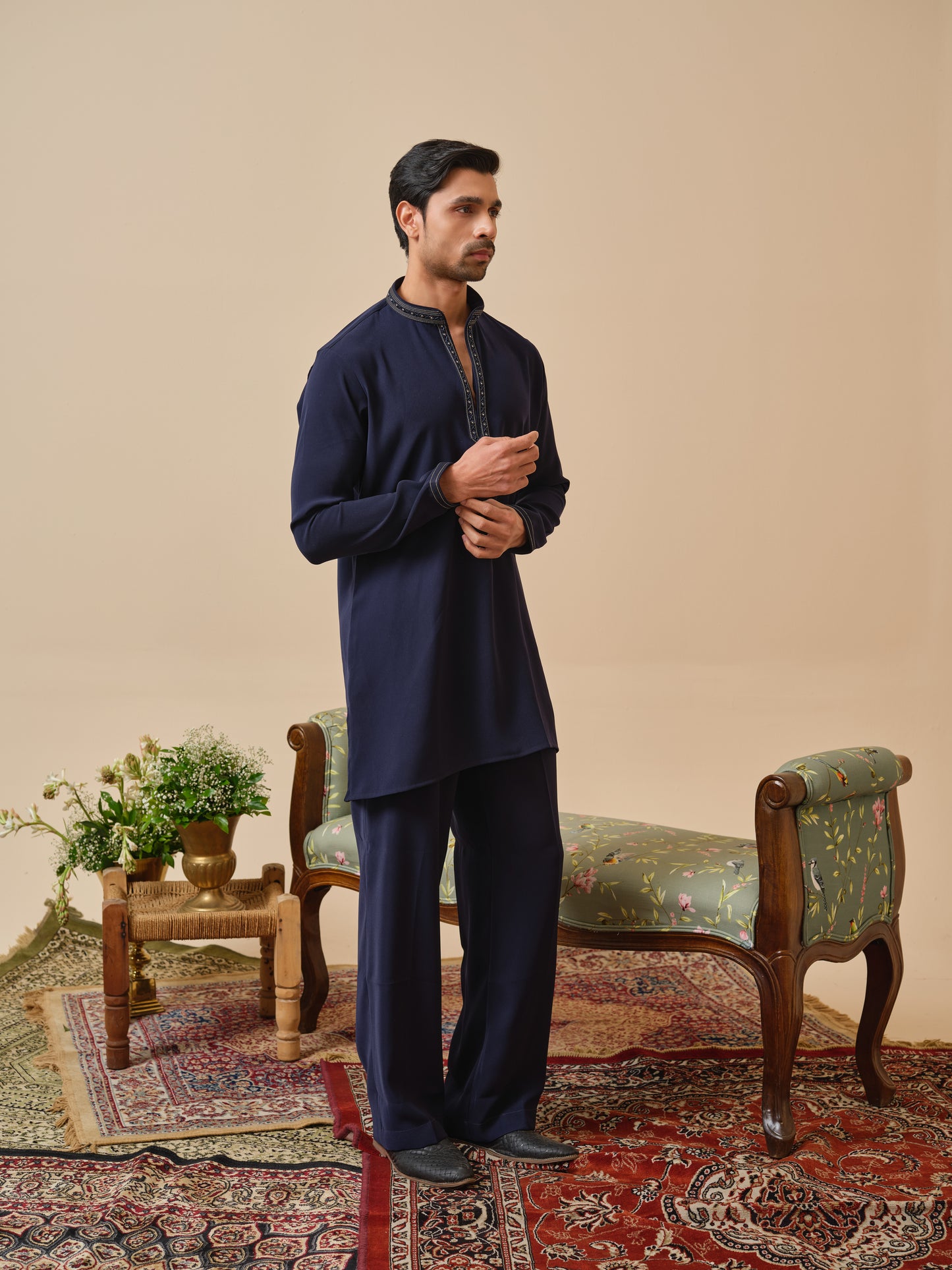 Navy Blue Armani Kurta–Bottom Set with Hand Work