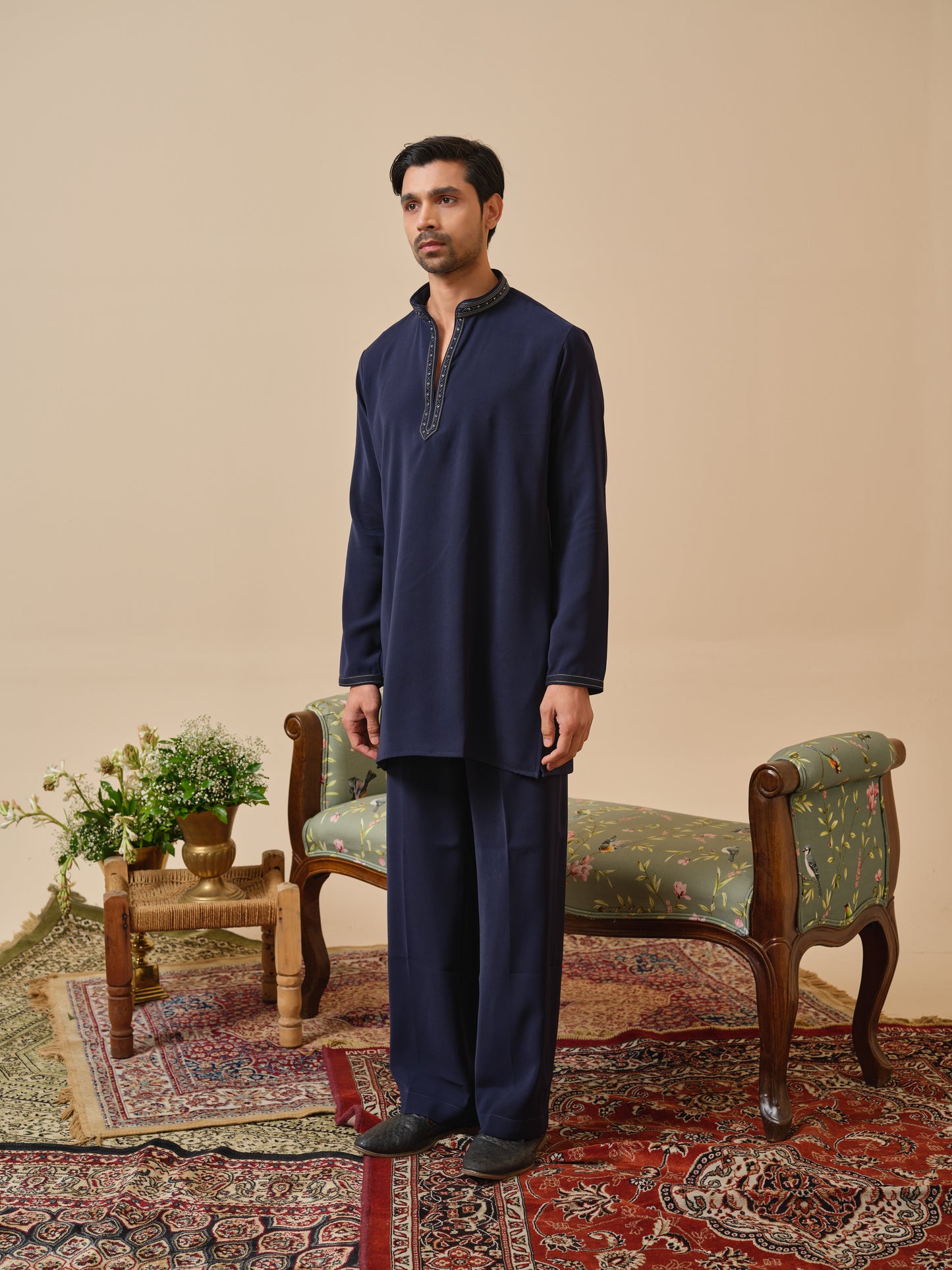 Navy Blue Armani Kurta–Bottom Set with Hand Work