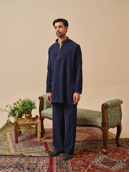 Navy Blue Armani Kurta–Bottom Set with Hand Work