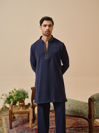 Navy Blue Armani Kurta–Bottom Set with Hand Work