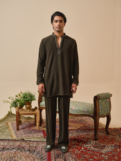 Men’s Olive Armani Kurta–Bottom Set with Hand Work