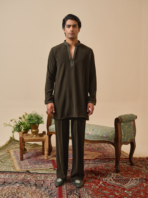 Men’s Olive Armani Kurta–Bottom Set with Hand Work