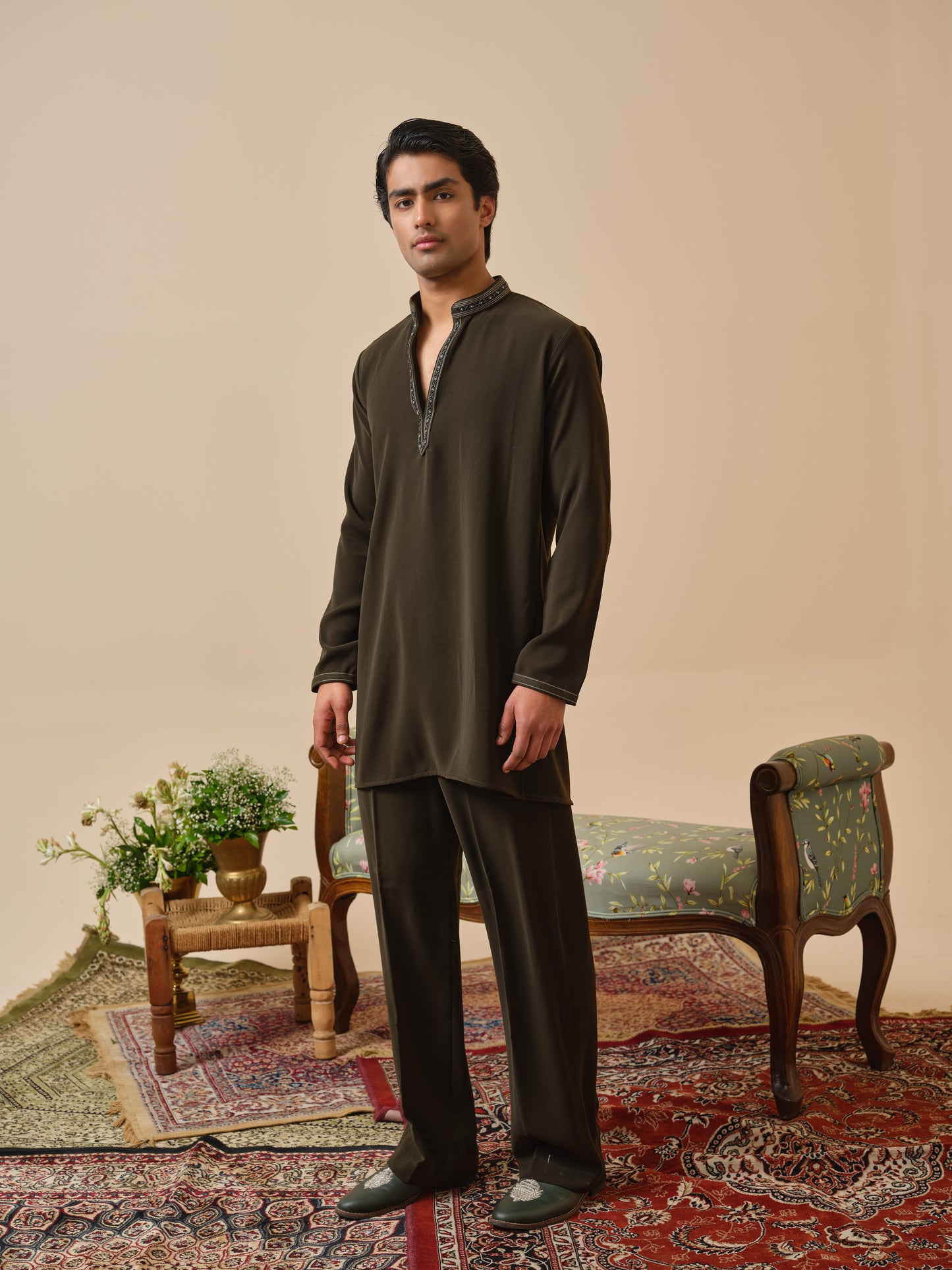 Men’s Olive Armani Kurta–Bottom Set with Hand Work