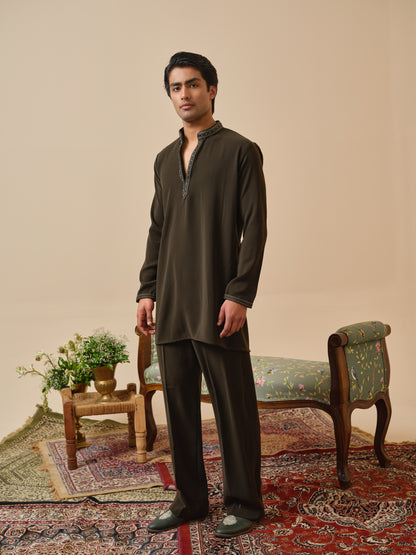 Men’s Olive Armani Kurta–Bottom Set with Hand Work