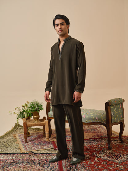 Men’s Olive Armani Kurta–Bottom Set with Hand Work