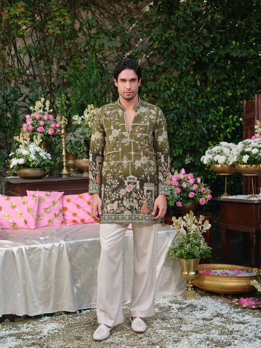 Men’s Olive Crepe Kurta–Bottom Set with Golden Zari Embroidery