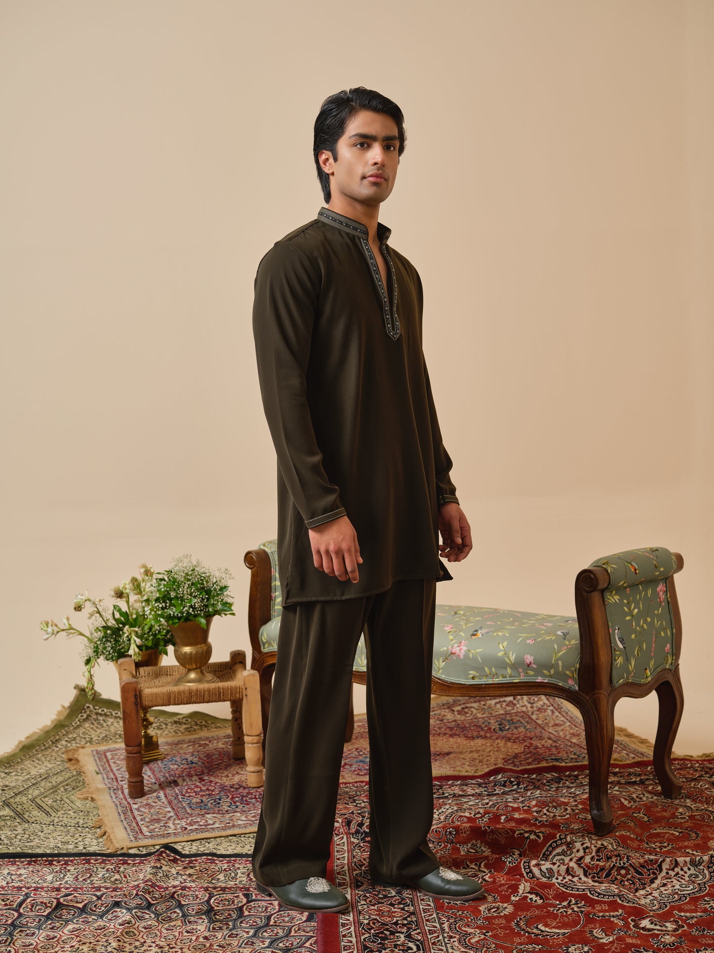 Men’s Olive Armani Kurta–Bottom Set with Hand Work