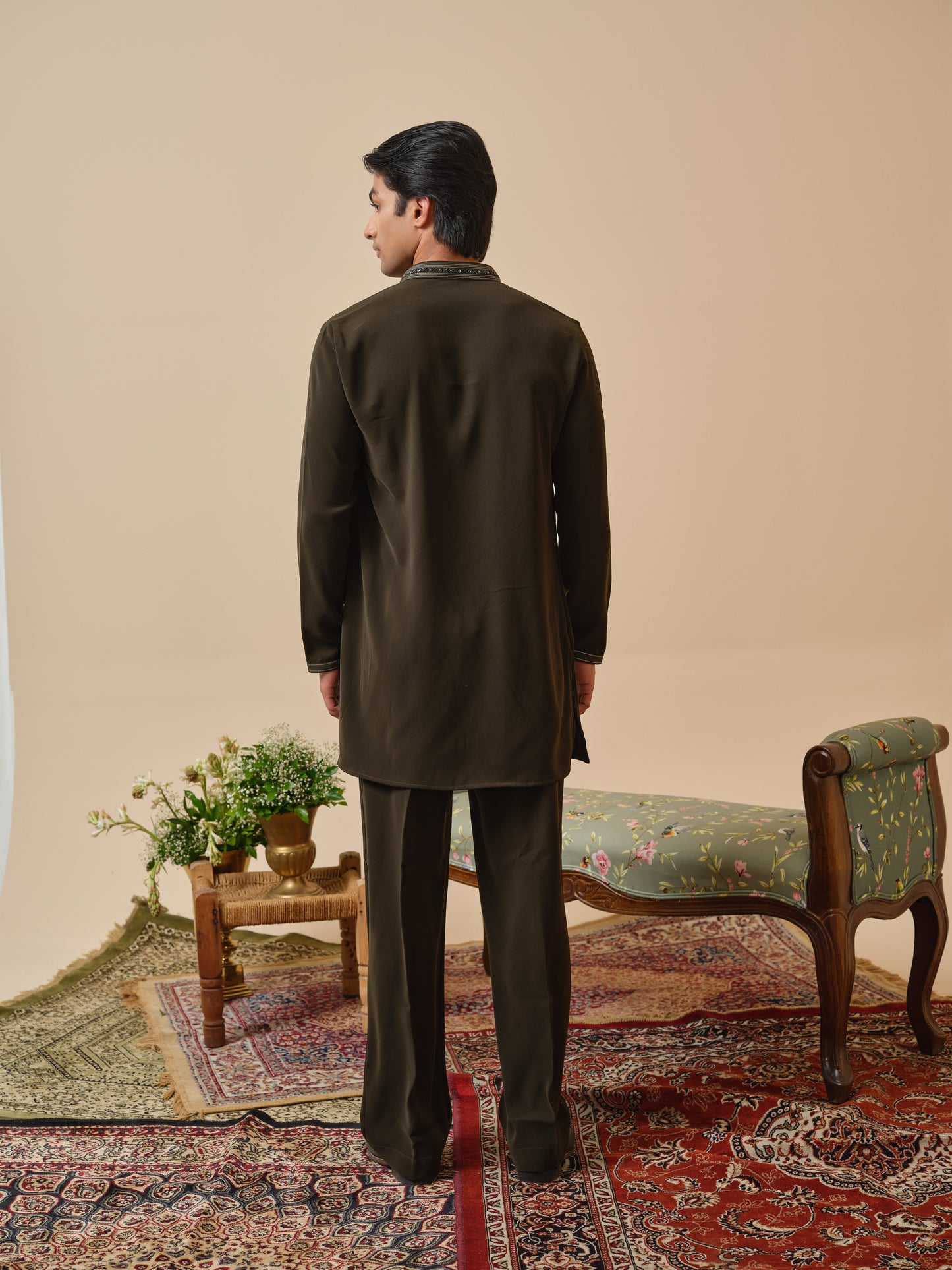 Men’s Olive Armani Kurta–Bottom Set with Hand Work
