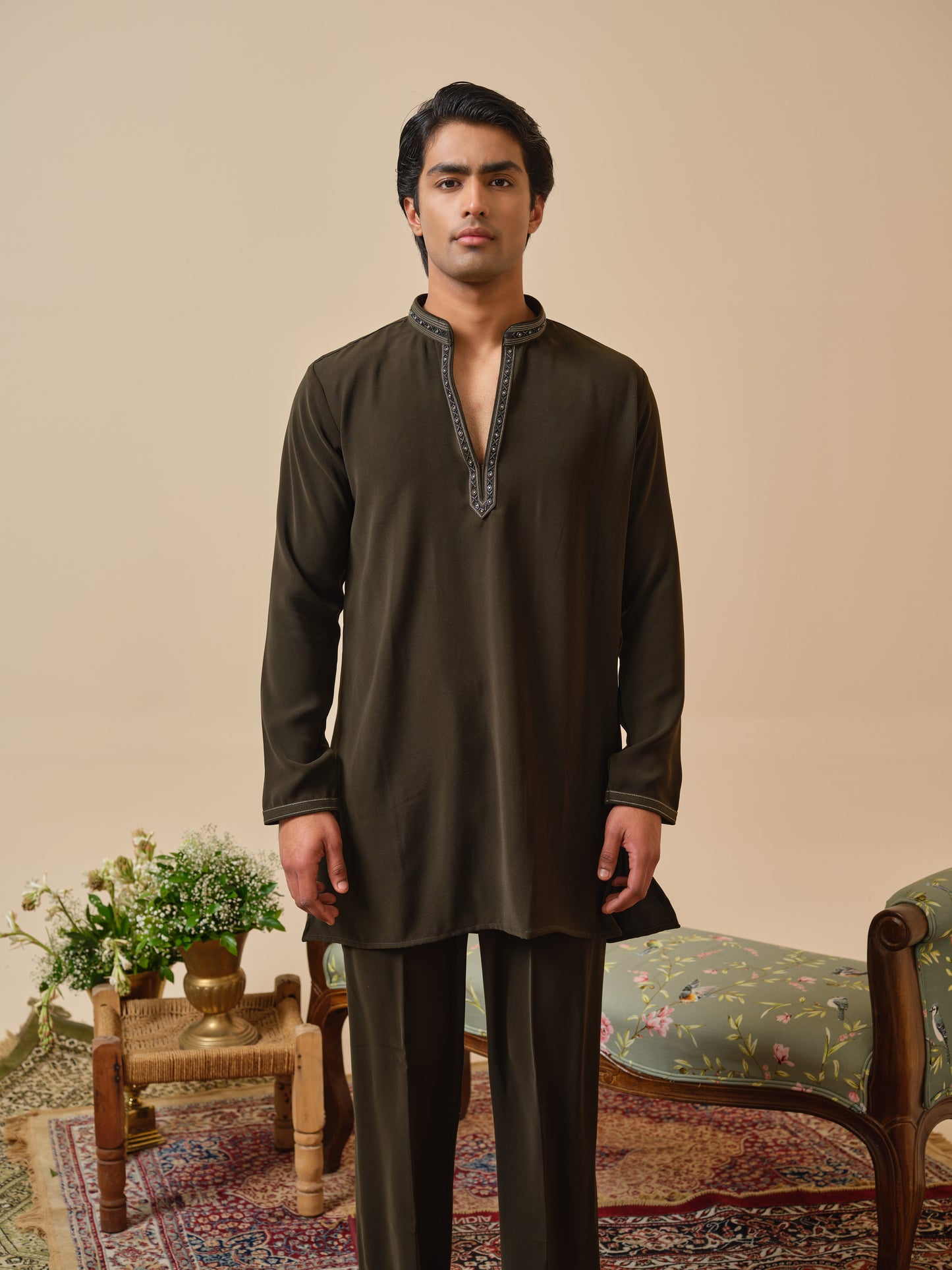 Men’s Olive Armani Kurta–Bottom Set with Hand Work