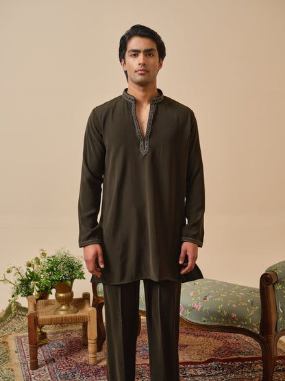 Men’s Olive Armani Kurta–Bottom Set with Hand Work