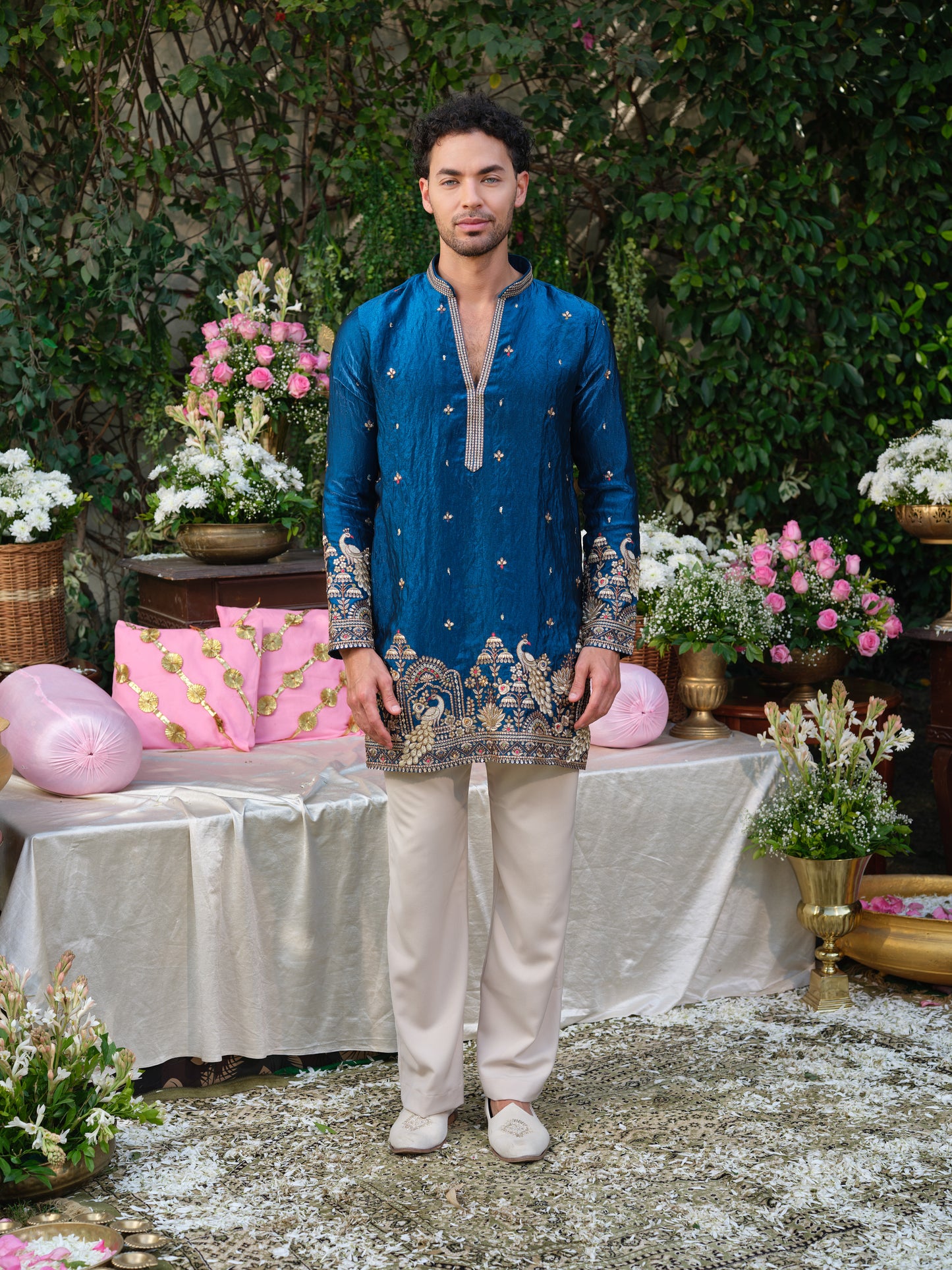 Blue Tissue Fendi Kurta–Bottom Set with Sequins Embroidery