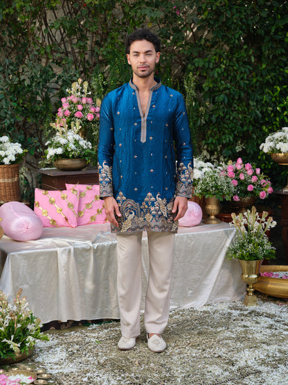 Blue Tissue Fendi Kurta–Bottom Set with Sequins Embroidery