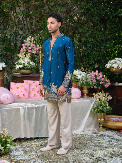 Blue Tissue Fendi Kurta–Bottom Set with Sequins Embroidery