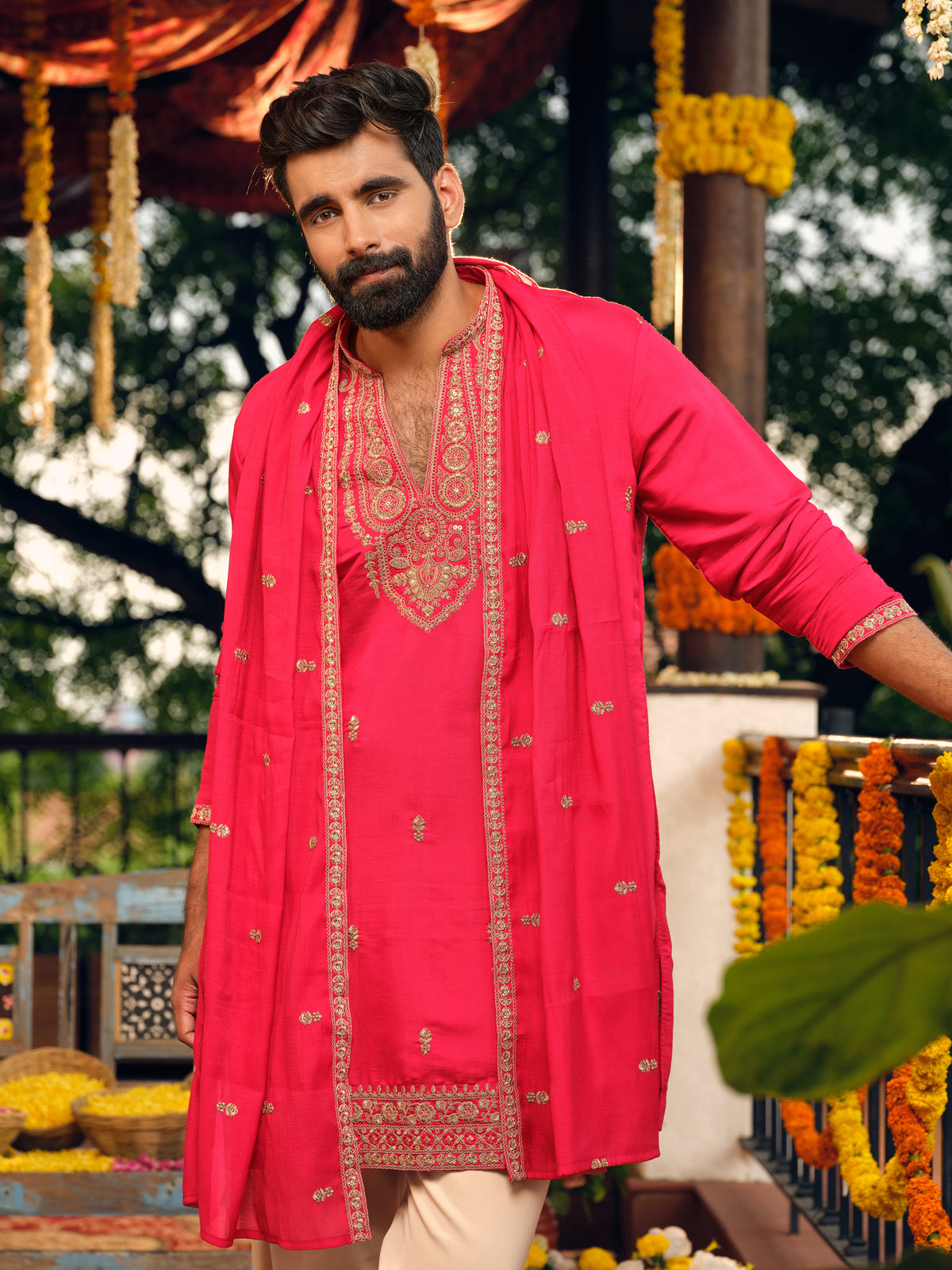 Rani Pink Silk Kurta Dupatta Set with Embroidery
