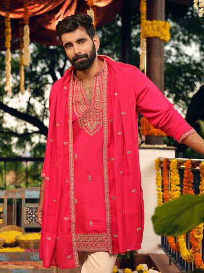 Rani Pink Silk Kurta Dupatta Set with Embroidery