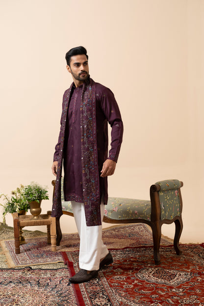 Wine and Rama Green Kurta Set with Dupatta and Thread Embroidery