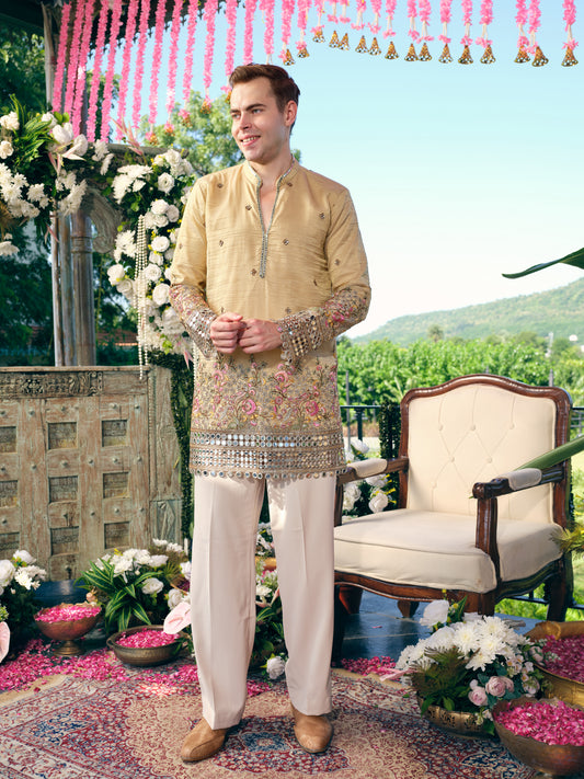 Camel Yellow Crush Tissue Short Kurta Set with Embroidery and Mirror Work