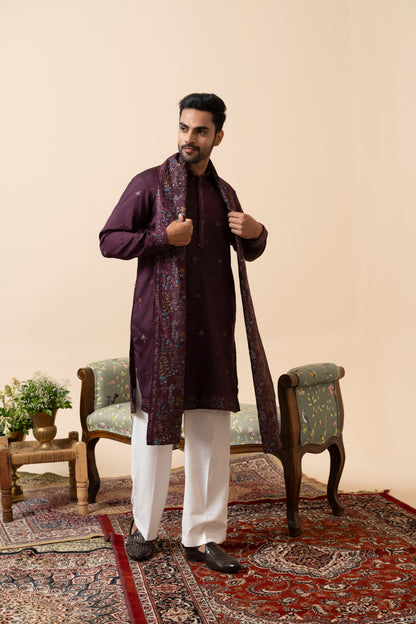 Wine and Rama Green Kurta Set with Dupatta and Thread Embroidery