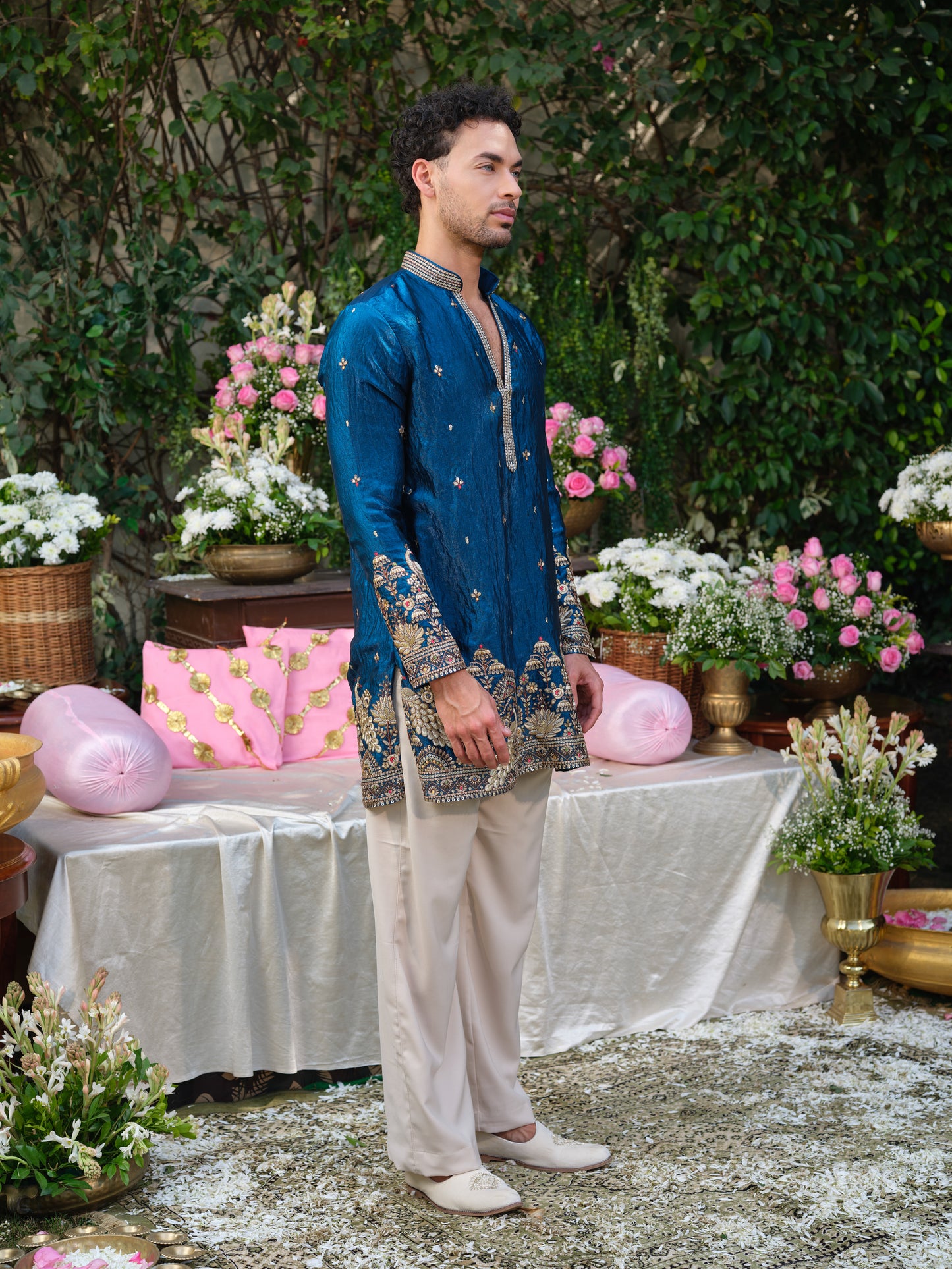 Blue Tissue Fendi Kurta–Bottom Set with Sequins Embroidery