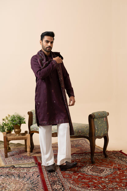 Wine and Rama Green Kurta Set with Dupatta and Thread Embroidery
