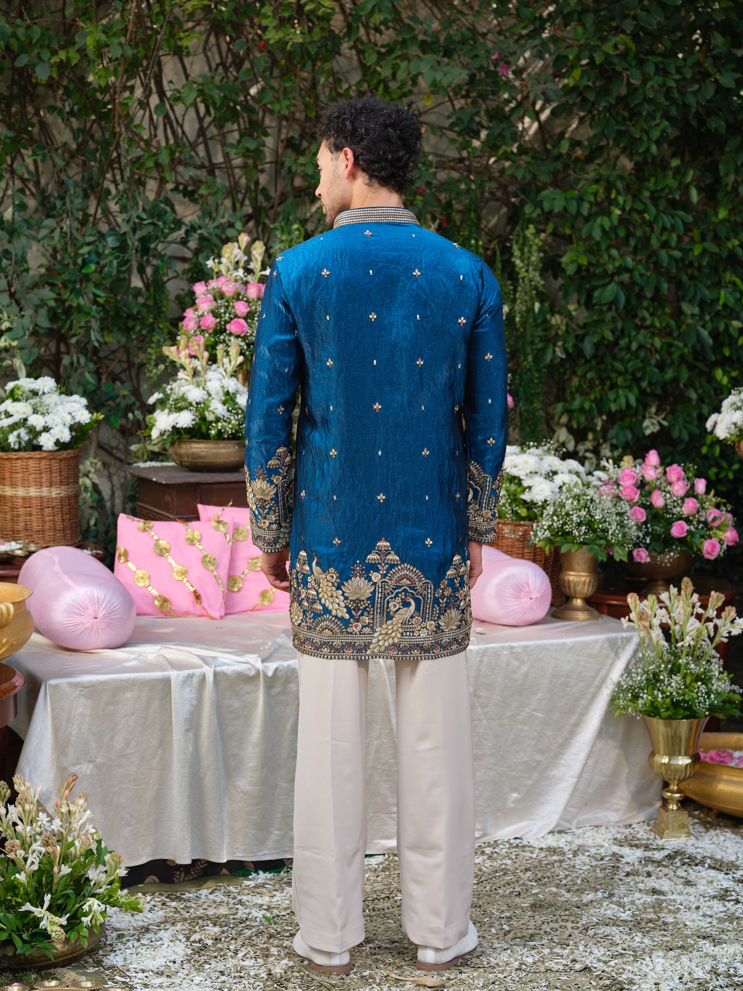 Blue Tissue Fendi Kurta–Bottom Set with Sequins Embroidery