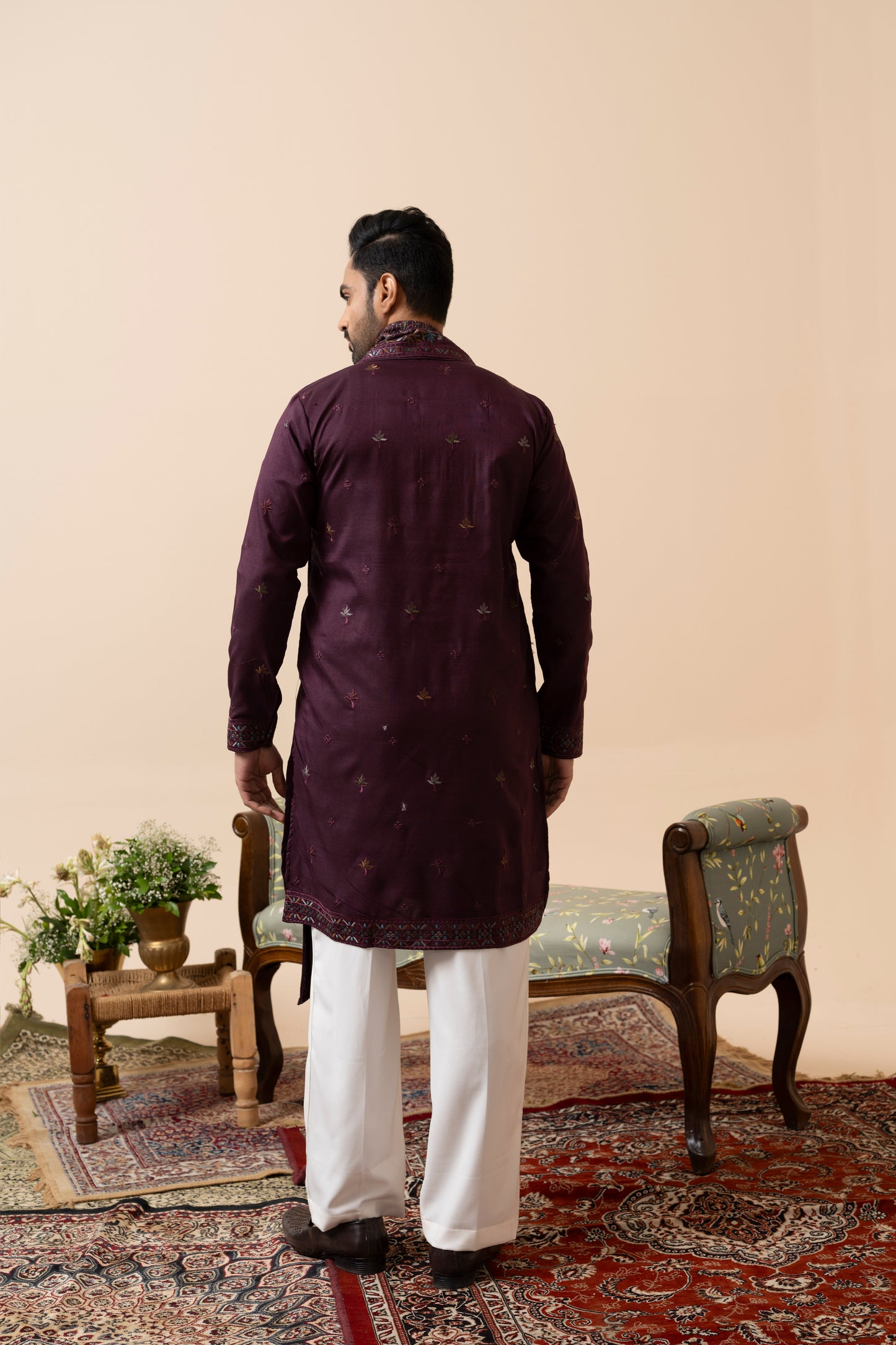 Wine and Rama Green Kurta Set with Dupatta and Thread Embroidery
