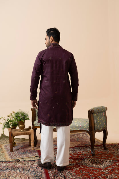 Wine and Rama Green Kurta Set with Dupatta and Thread Embroidery